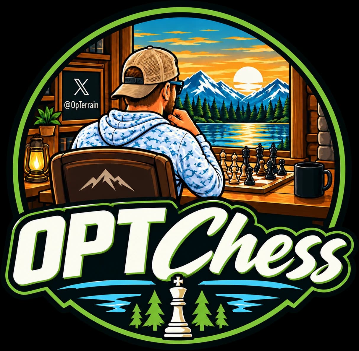 OPTChess badge logo: a chess board set up by a cabin window looking out over a mountain lake