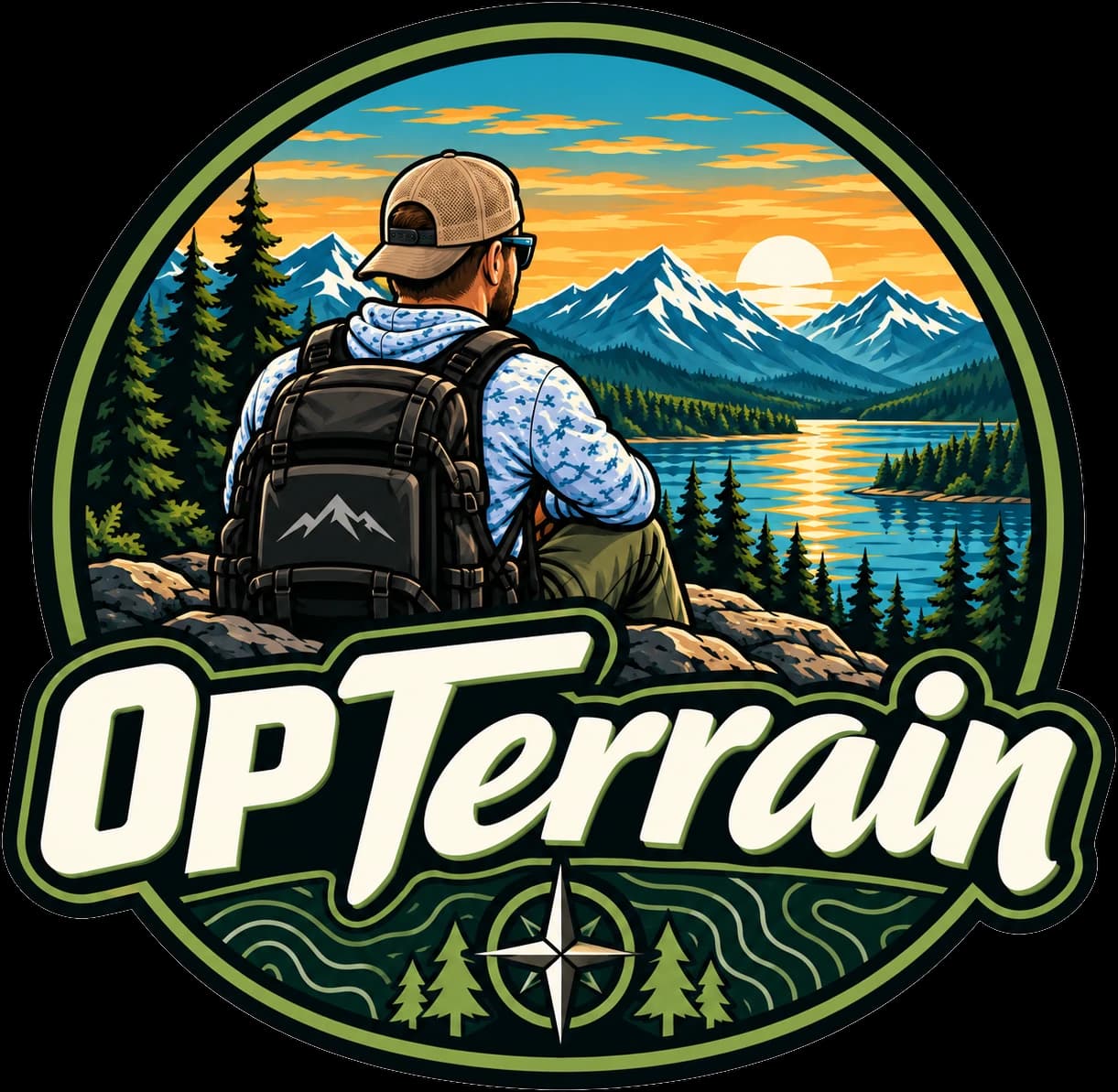 OpTerrain badge logo: a hiker looking out over a mountain lake at sunrise, framed by pines