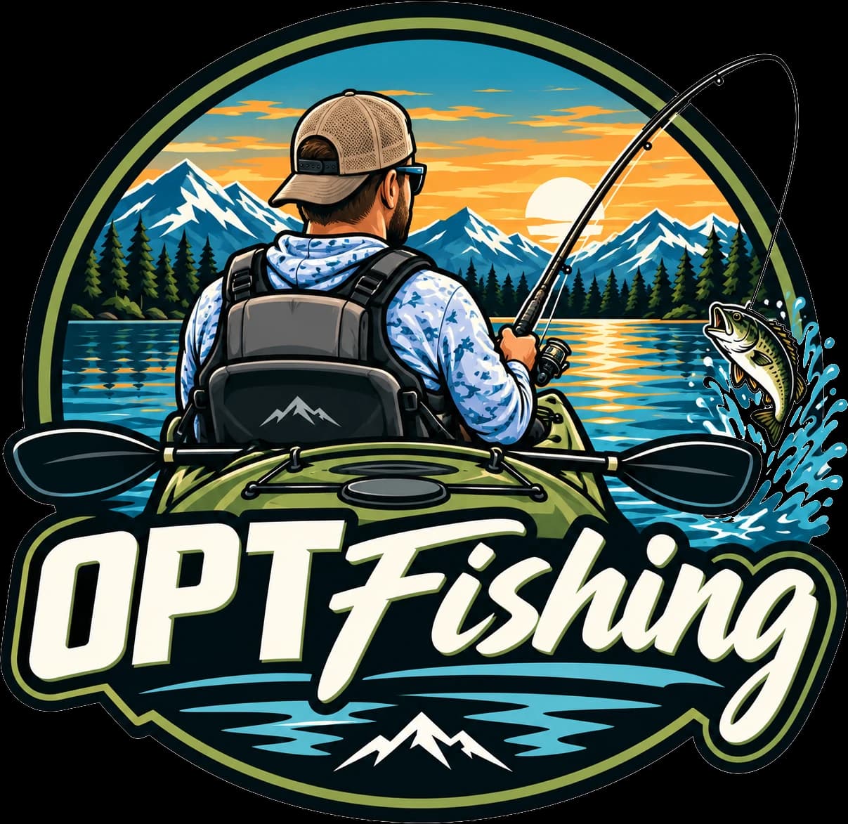 OPTFishing badge logo: an angler in a kayak fighting a fish on a mountain lake at sunset